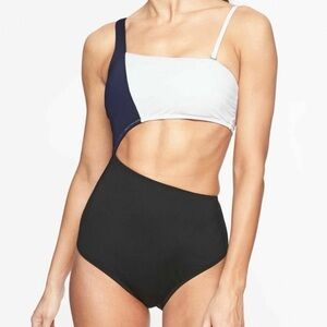 Athleta Navy and White Asymmetrical One-Piece Swimsuit